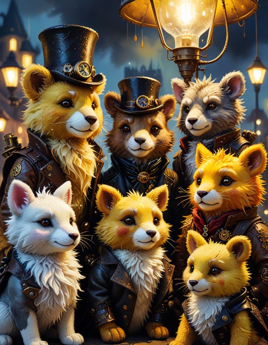 Steampunk Plush Animals Plotting Under Warm Golden Light