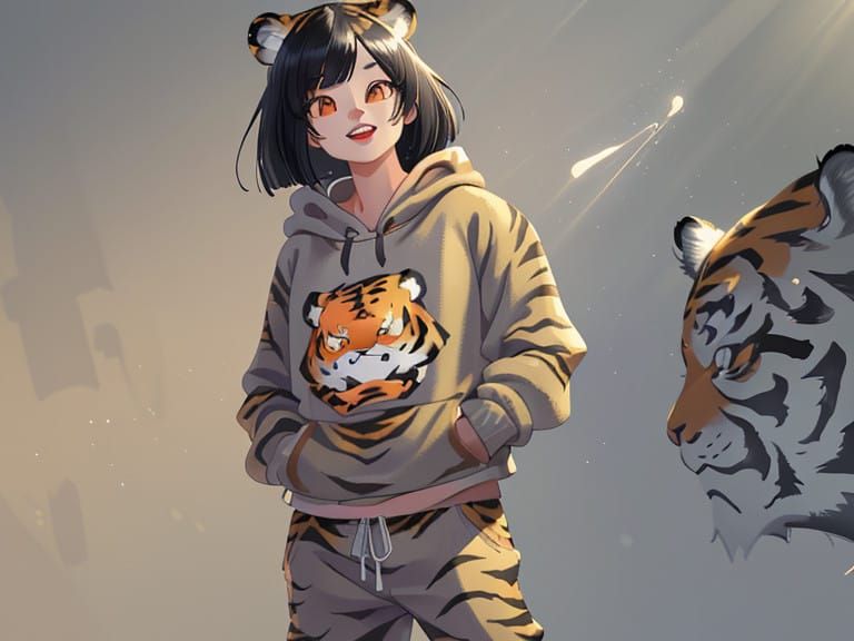 Beautiful Asian Girl in Tiger Hoodie with Volumetric Haze Ef...