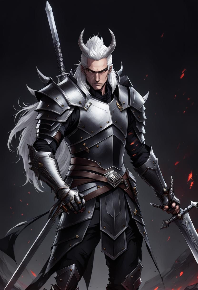 Handsome Villain with White Hair and Black Horns