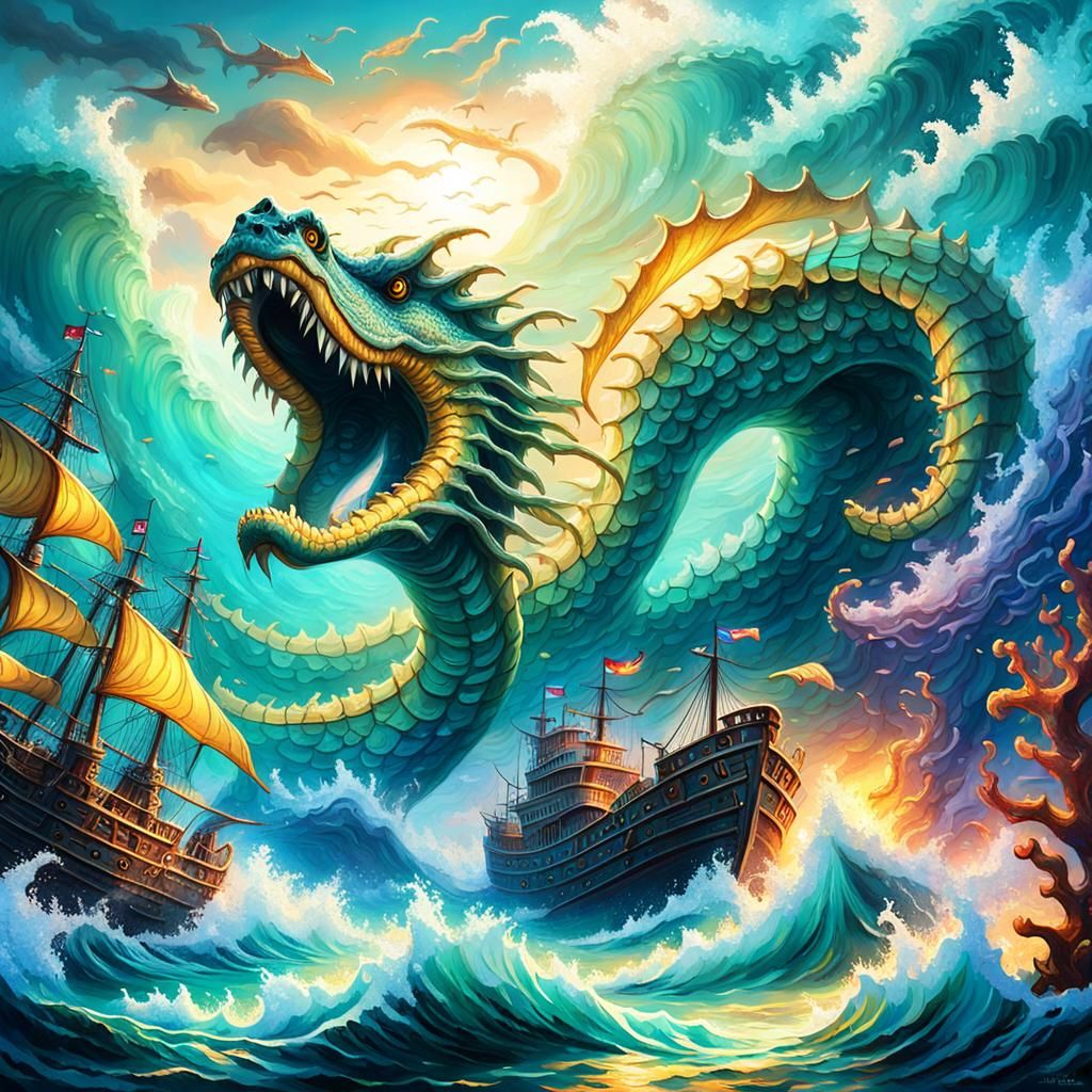 Mythical Sea Serpent Breaching, Vibrant Oil Painting