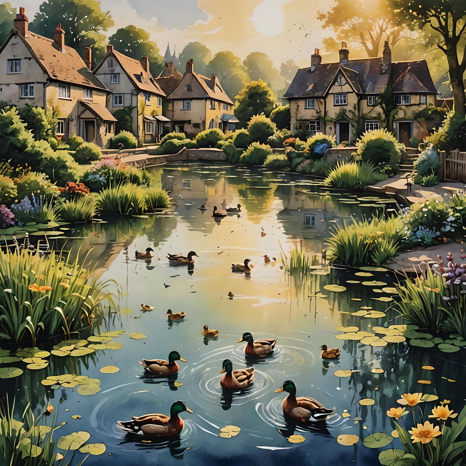 Ducks in Pond: Modern European Watercolor Painting