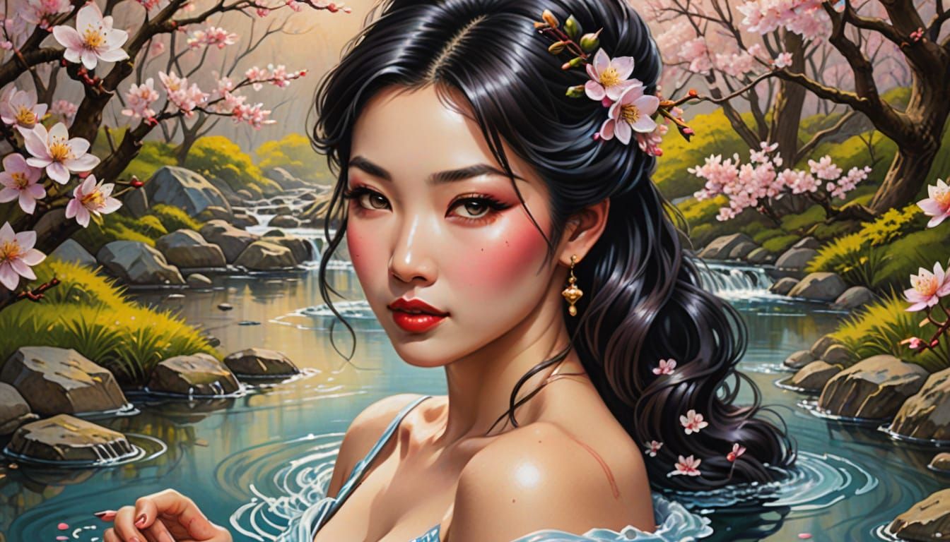 Japanese Maiden in Cherry Blossom Garden: Pin-Up Art