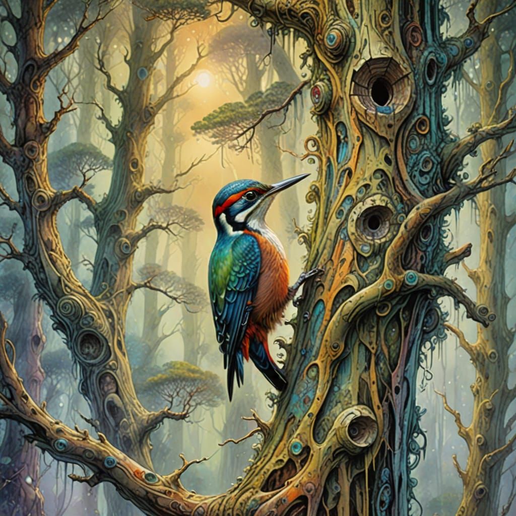 Iridescent Woodpecker Plays Ancient Tree in Misty Forest Sce...
