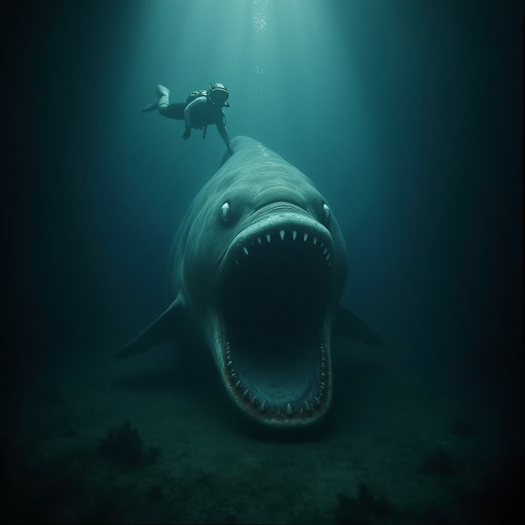 Gigantic Fish in Dark Seabed: 1990s Style Photo