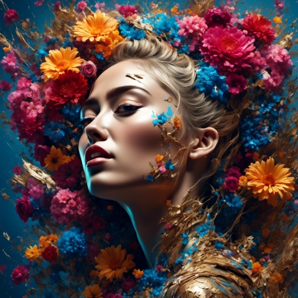 Miley Cyrus Portrait with Flowers in Hyperreal Style