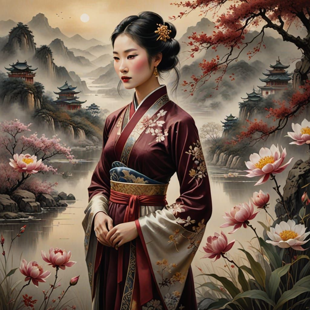 Elegant Chinese Woman in Floral Landscape, Watercolor Style