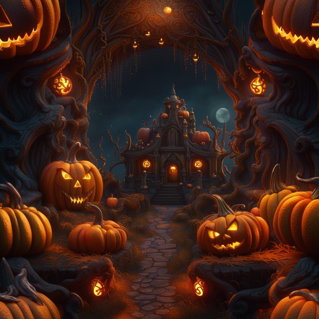Detailed Pumpkin Carving in Fantasy Concept Art Style