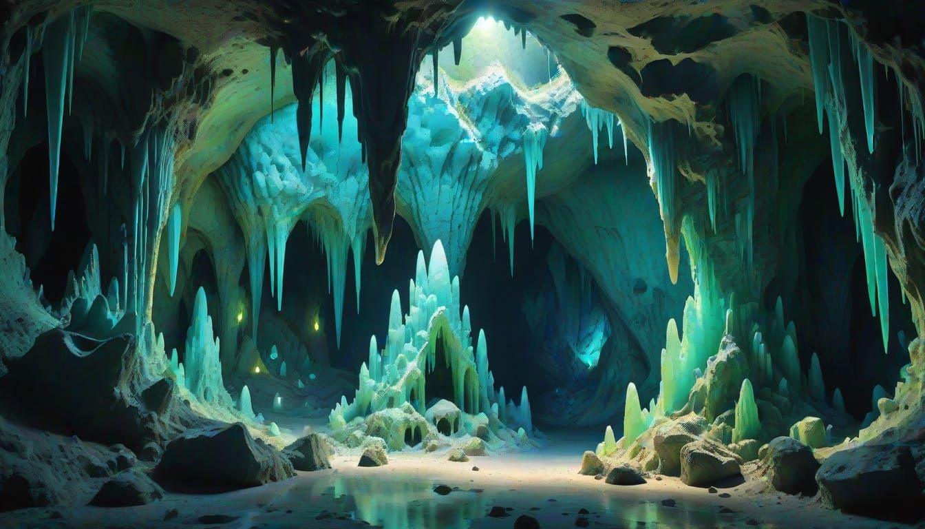 Surreal Cave with Radiant Mineral Formations