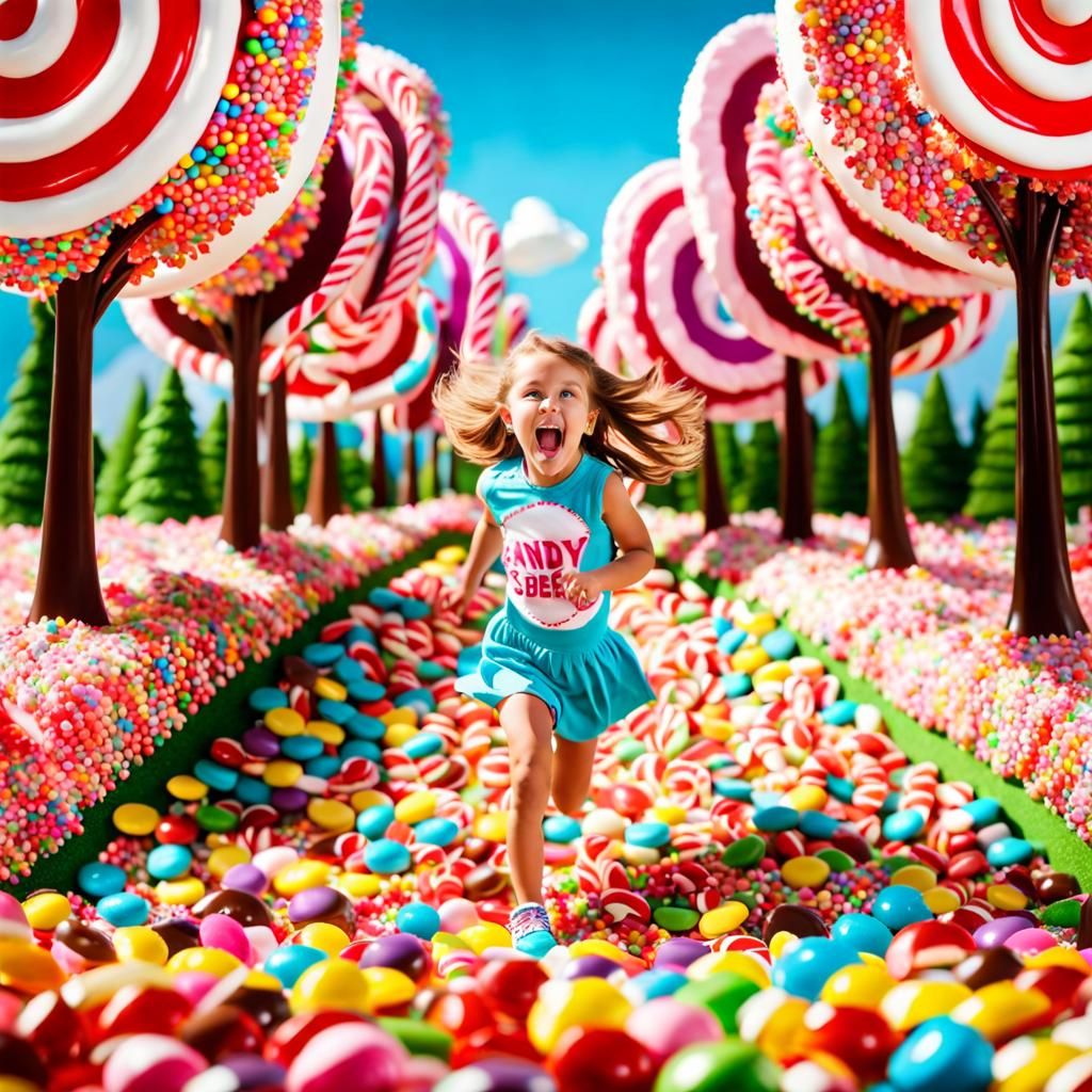 Happy Girl Runs Through Candy Wonderland