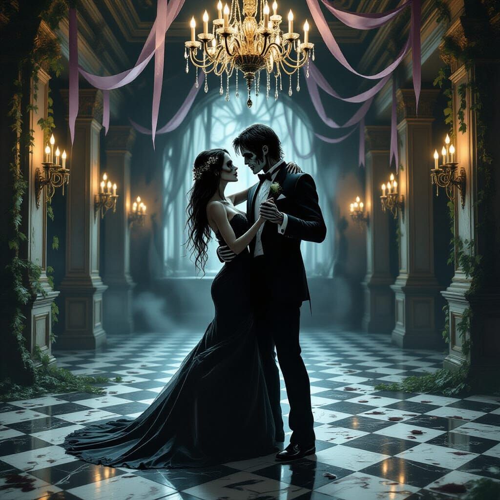 Gothic Romance: Zombie Couple Dancing in Abandoned Ballroom