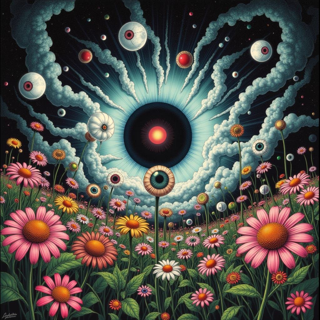 Holographic Astral Eyeball Garden in Mixed Media