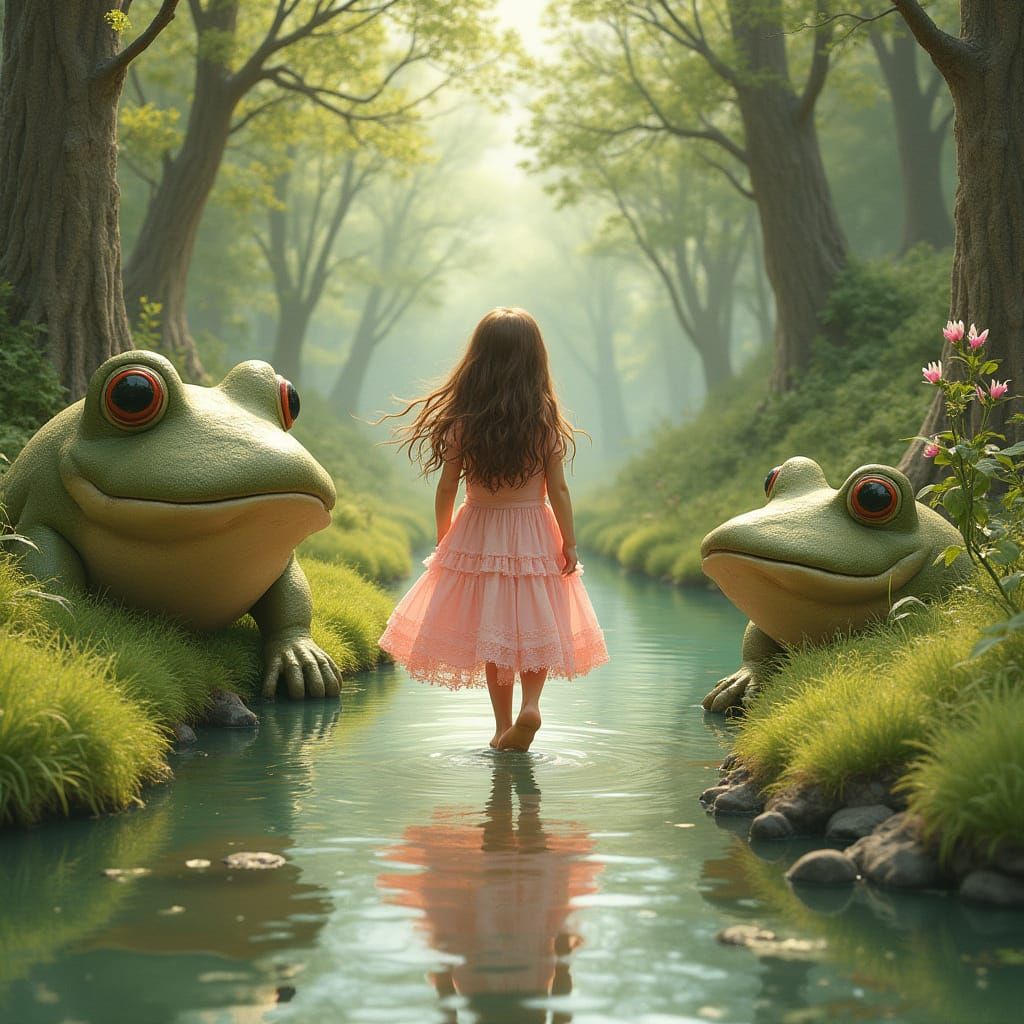 Girl in Creek with Stone Frogs, Storybook Illustration