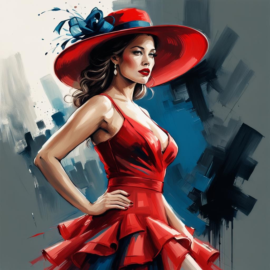 Elegant Woman in Red: Urban Impressionist Portrait