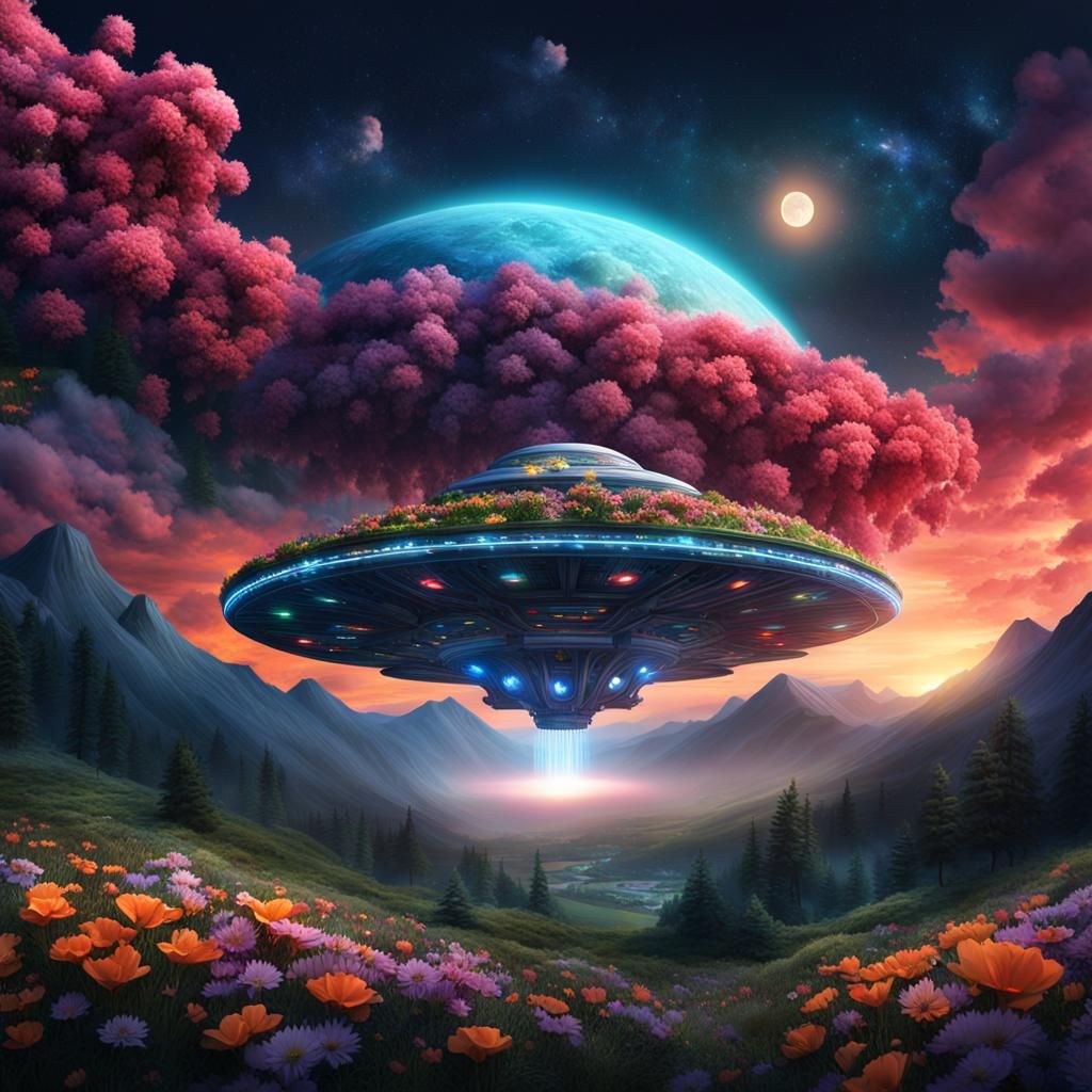 UFO at Night with Flowers and Mountains