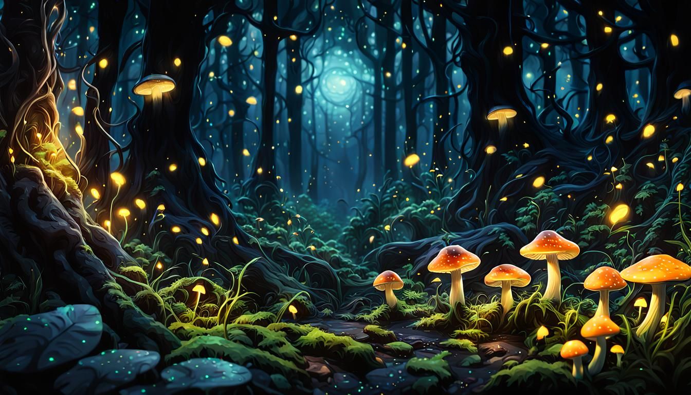 Enchanted Forest with Glowing Spores and Fireflies