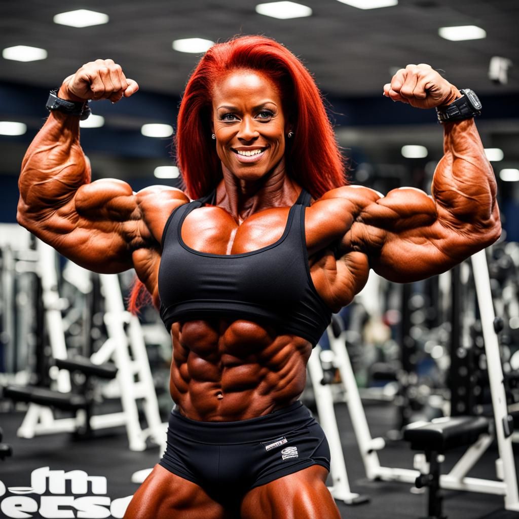 Female Bodybuilder Flexing Huge Muscles in Gym
