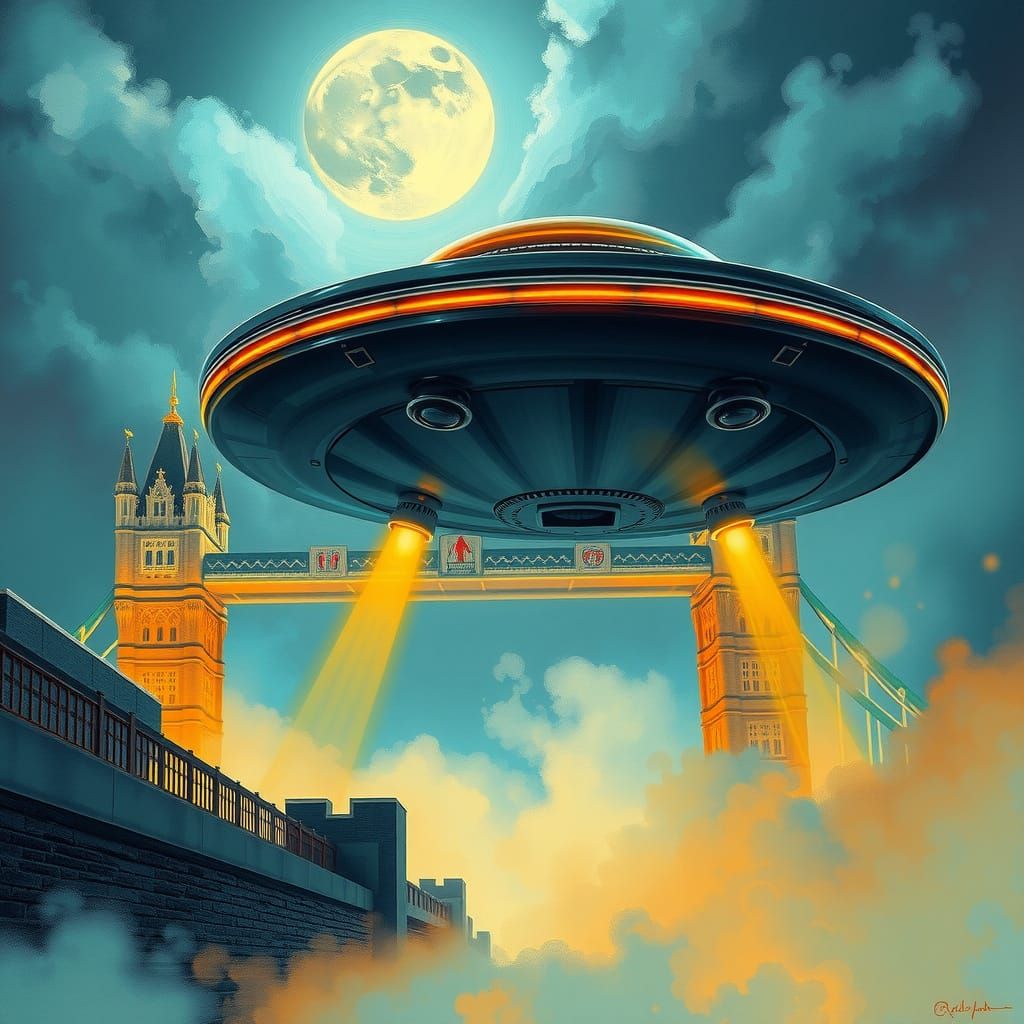 Sleek Flying Saucer Hovers above London Bridge in a Triadic ...