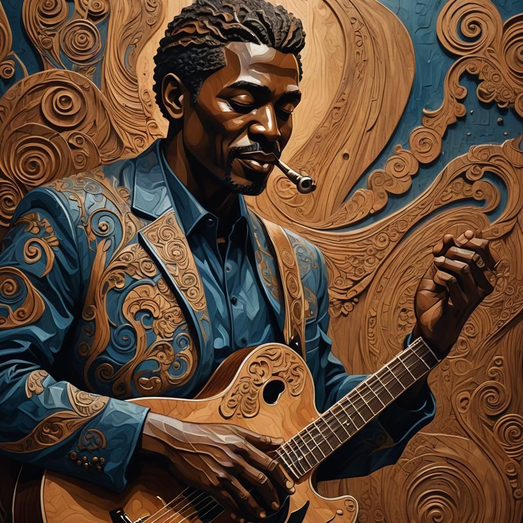 Blues Musician Wood Carving in Dimly Lit Jazz Club