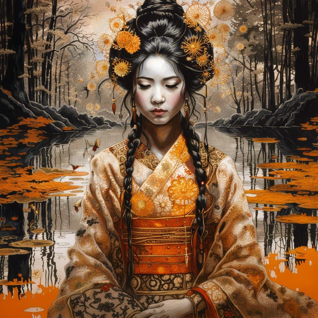 Ornate Geisha in Mirrored Reflection: Dark Fantasy Art
