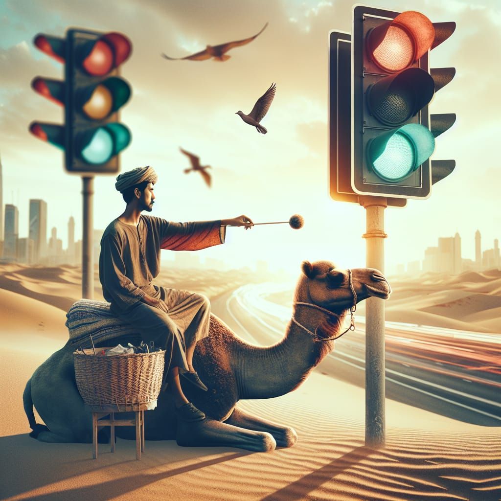 Desert Collage: Man, Camel, and Traffic Lights