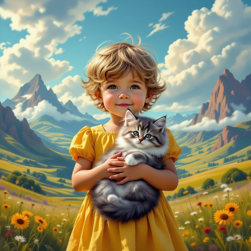 Boy With Kitten in Surreal Landscape, Photorealistic Style