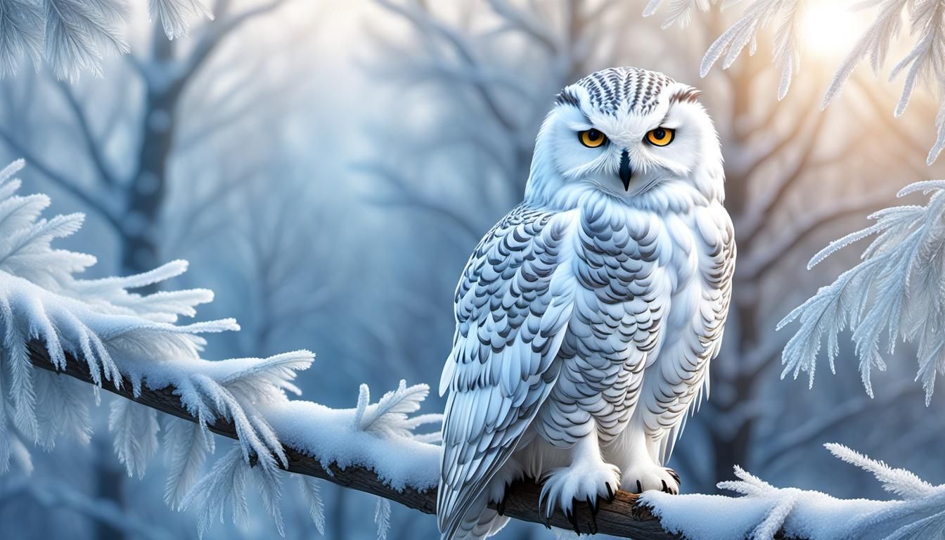 Snowy Owl Perched on Frosty Branch: Hyper-Realistic Art