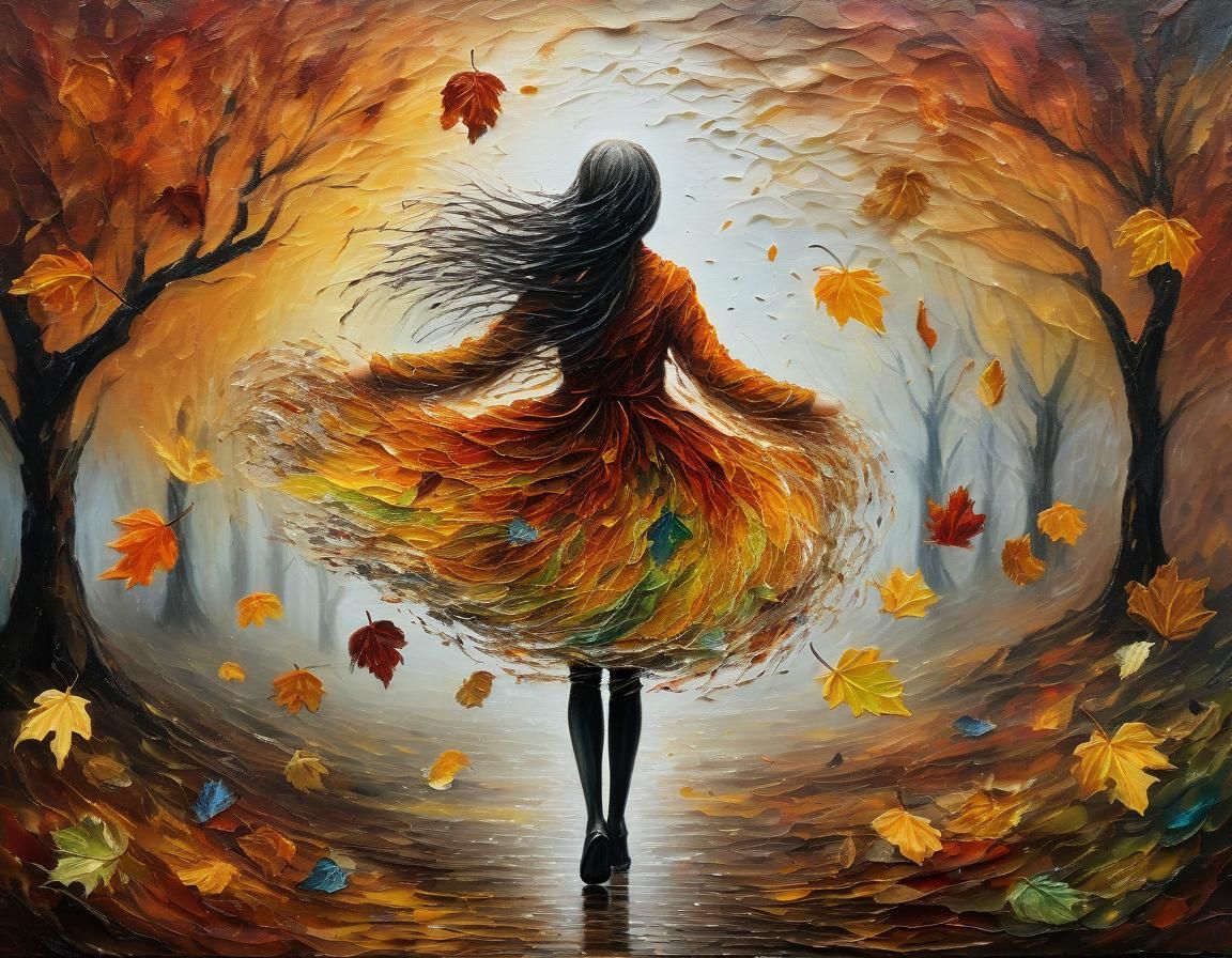 Autumn Leaf Woman in Expressive Oil Painting