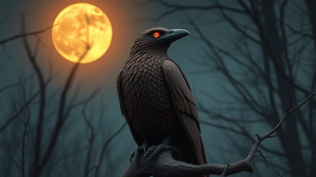 Terracotta Raven with Glowing Eyes Under Moonlight