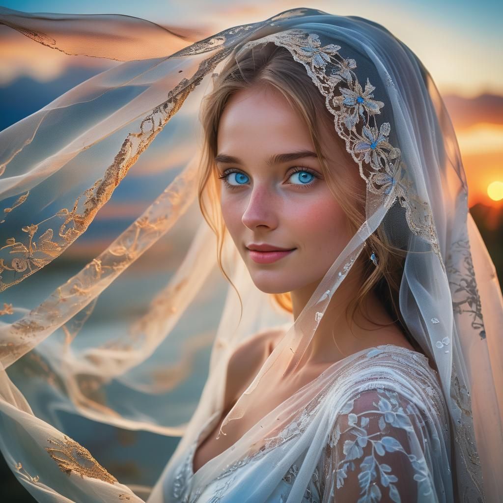 Ethereal Woman with Glowing Eyes Behind Veil