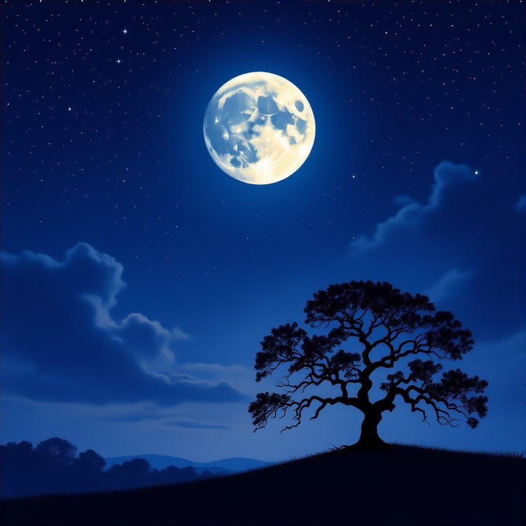 Moonlit Night Sky with Gnarled Oak Tree Silhouette