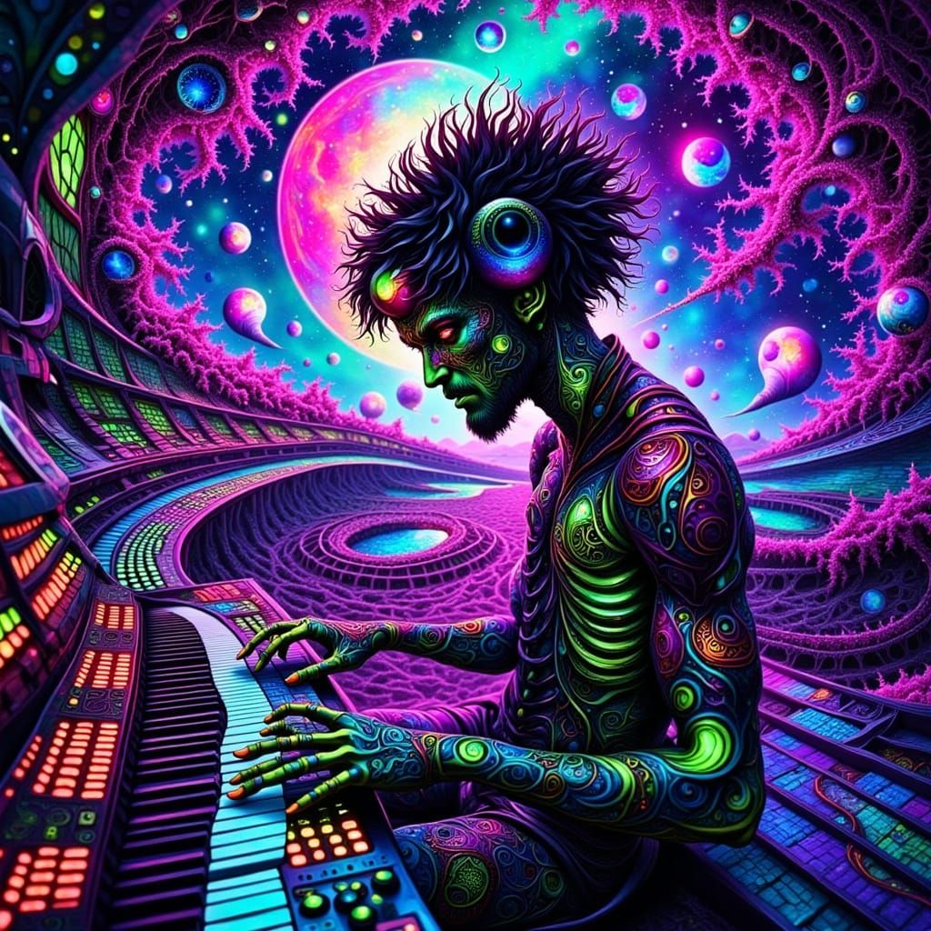 Surreal Cosmic Maestro Plays Futuristic Piano Amidst Interga...