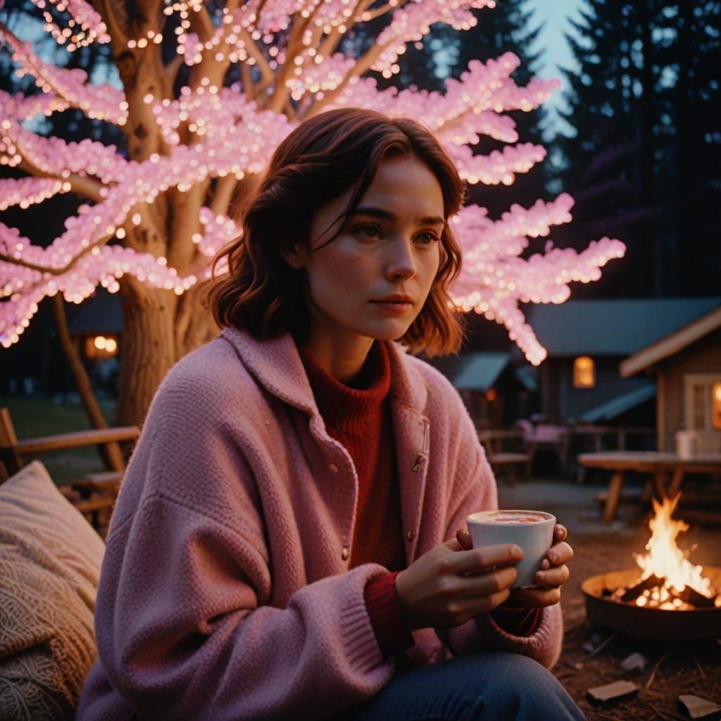 Lady by Fireside in Lavender Woods, Soft Cinematic Lighting