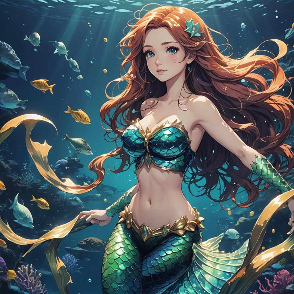 Anime Mermaid Bombshell in Cel-Shaded Style