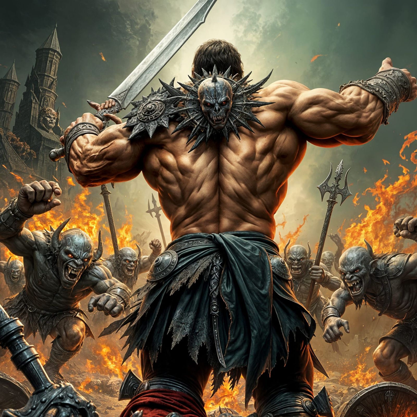 Barbarian Charges into Goblin Hordes in Dark Fantasy Battle