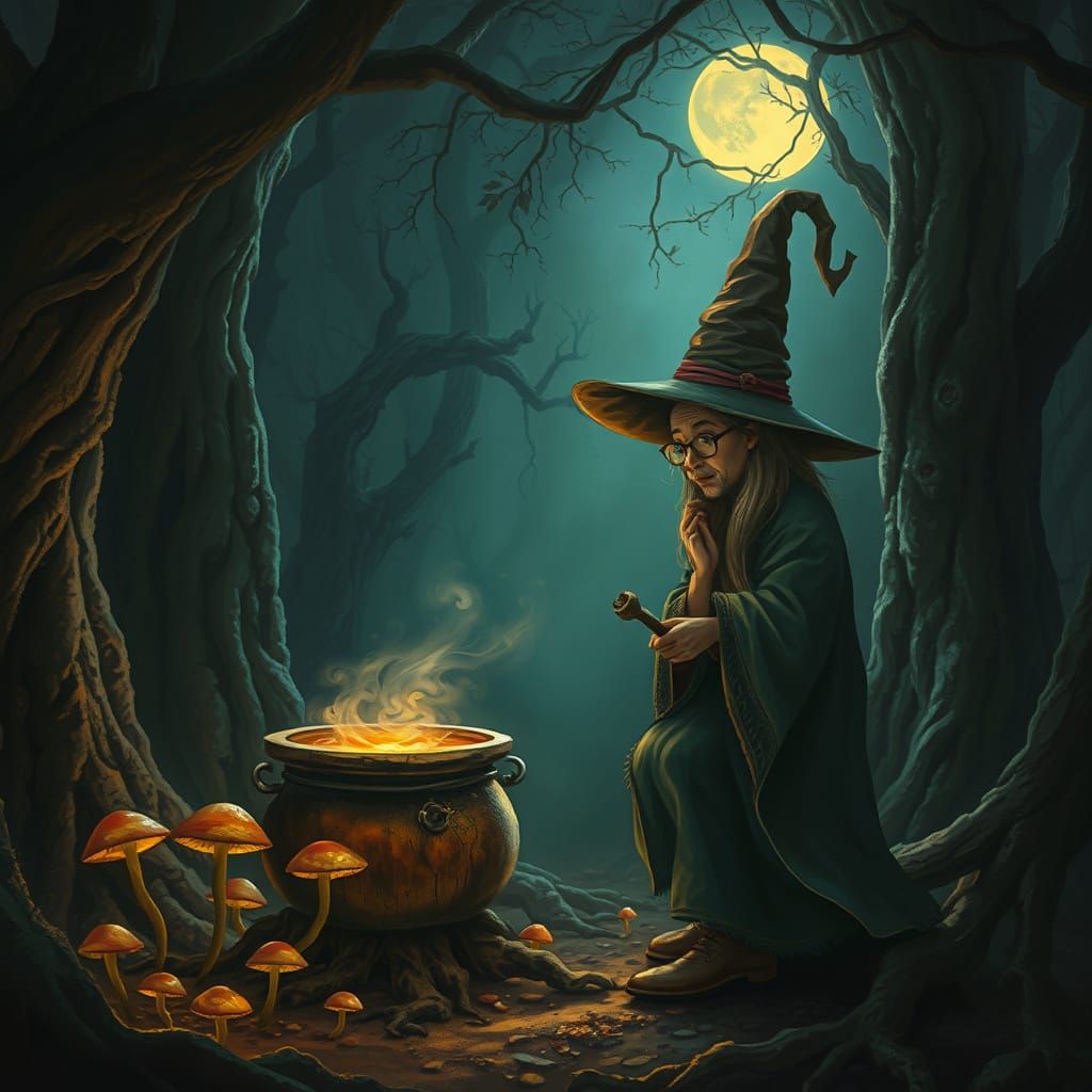 Whimsical Witch in Ancient Forest Clearing