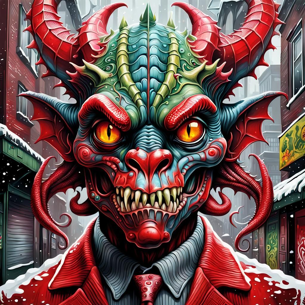 Surreal Janus Dragon in Graffiti Art Style