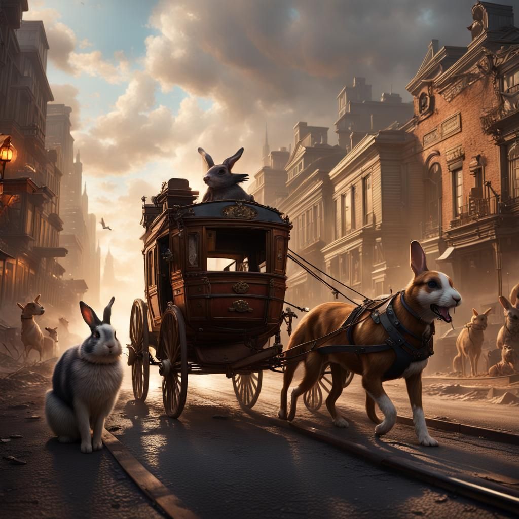 Rabbits Pulling Stagecoach Through City, Fantasy Art