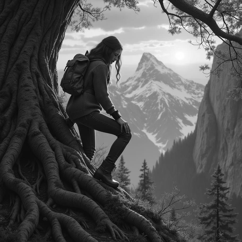 Woman Climbing in Autumn Mountains: Detailed Matte Painting