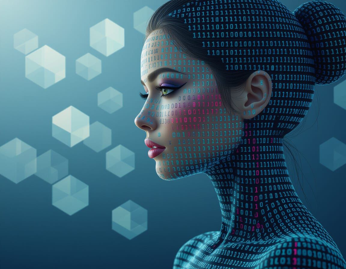 Woman's Head Made of Binary Code on Hexagonal Background