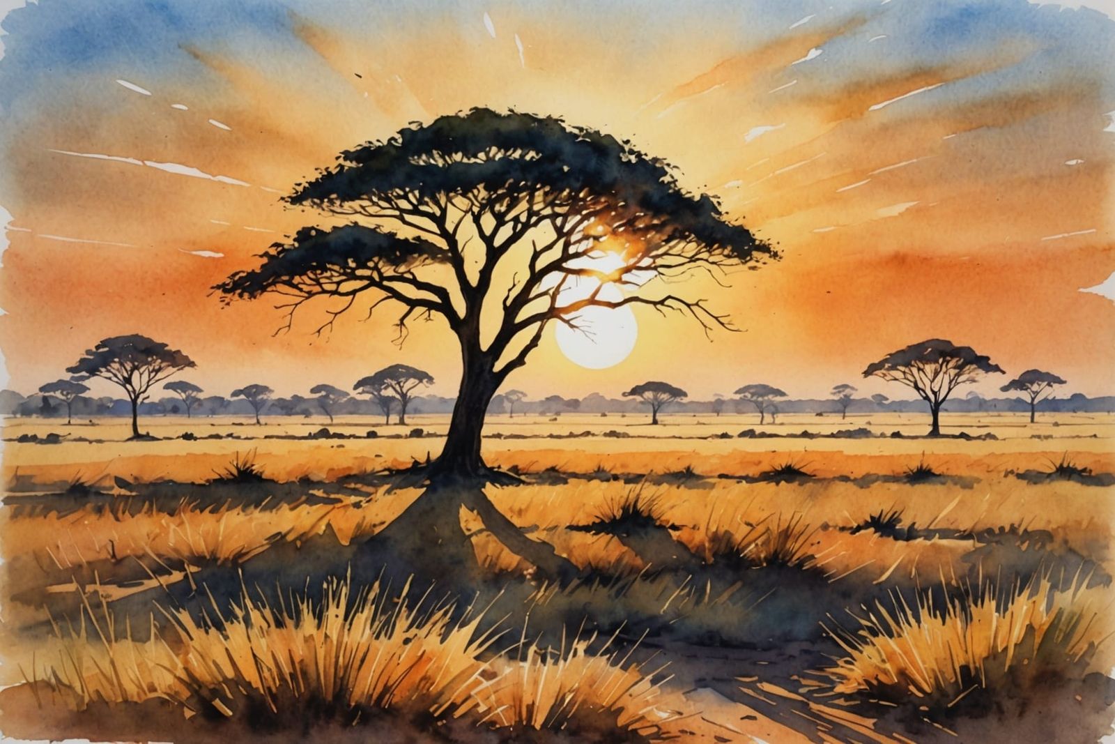 Savanna Sunrise Watercolour Painting with Long Shadows