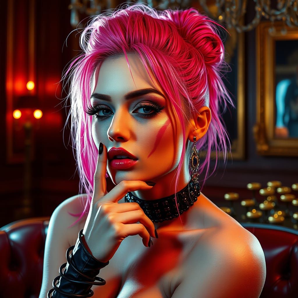 Provocative Woman with Pink Hair in Chiaroscuro Lighting
