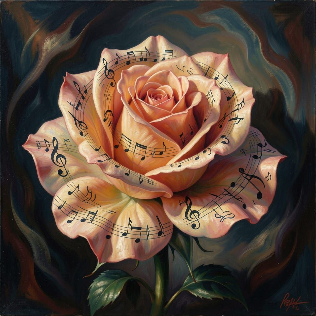 Surreal Rose of Musical Notes as Oil Painting