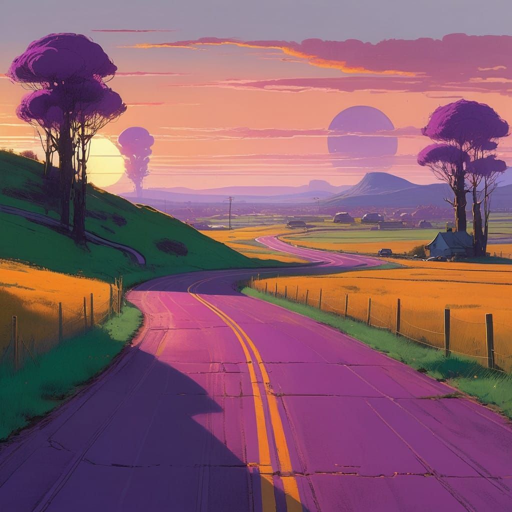 Majestic Purple Road Unfolds in a Dreamy Emerald Landscape
