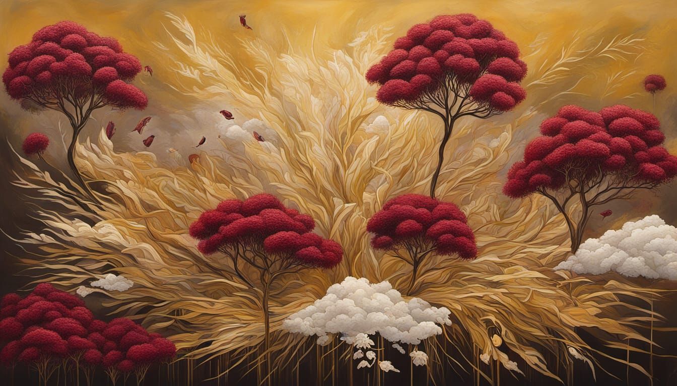 Surreal Floral Landscape Painting with Falcon and Tumbleweed