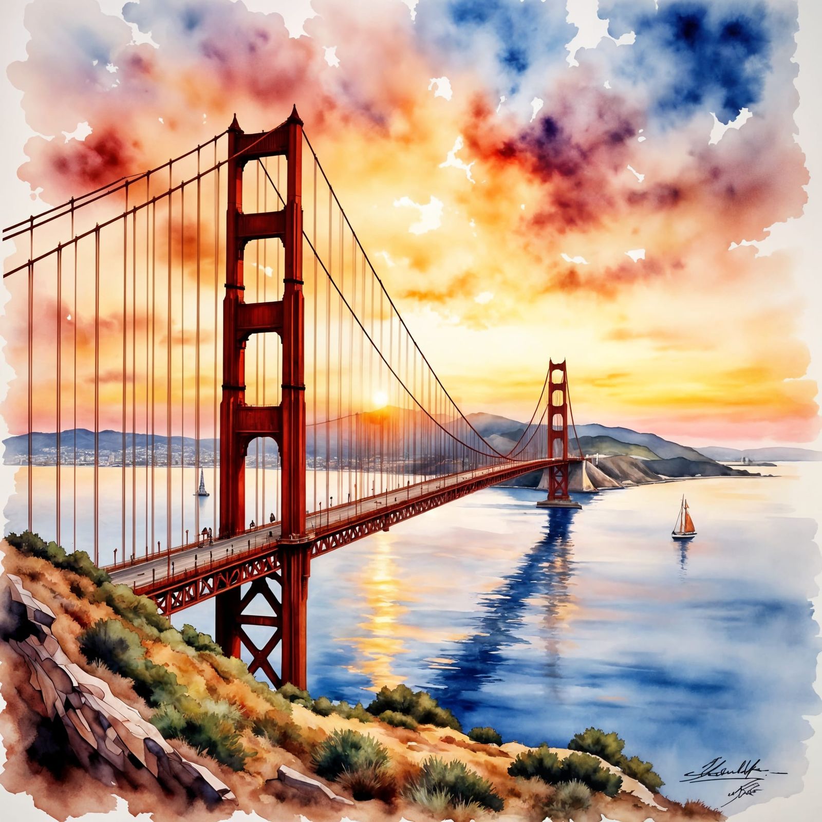 Golden Gate Bridge at Sunset in Vintage Watercolor Style