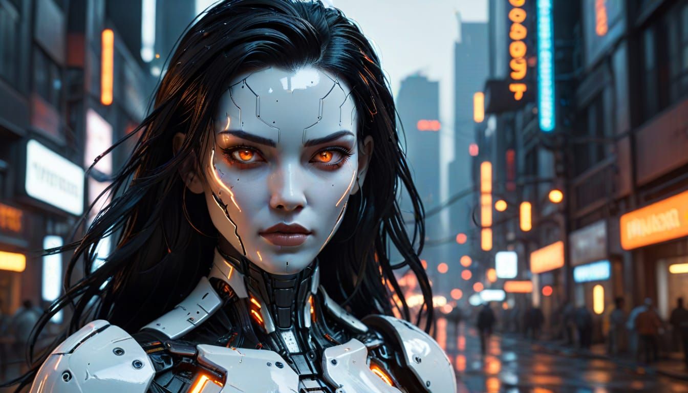 Cyberpunk Android with Neon Reflections, Hyperrealistic Sci-...