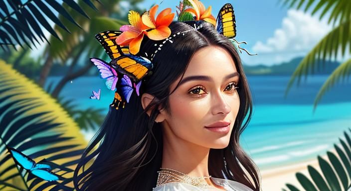 Woman with Flowers and Butterflies: Hyperrealistic Portrait
