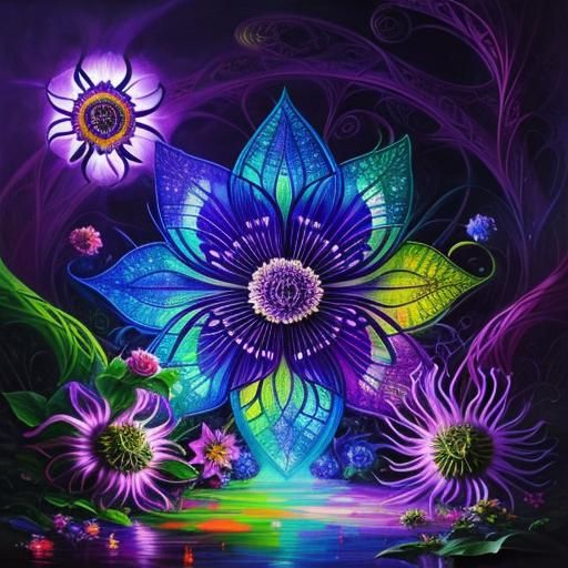 Psychedelic Castle with Passion Flower in Oil Painting Style