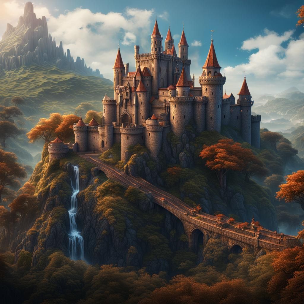 Gothic Castle on Mountain Peak: Detailed Matte Painting