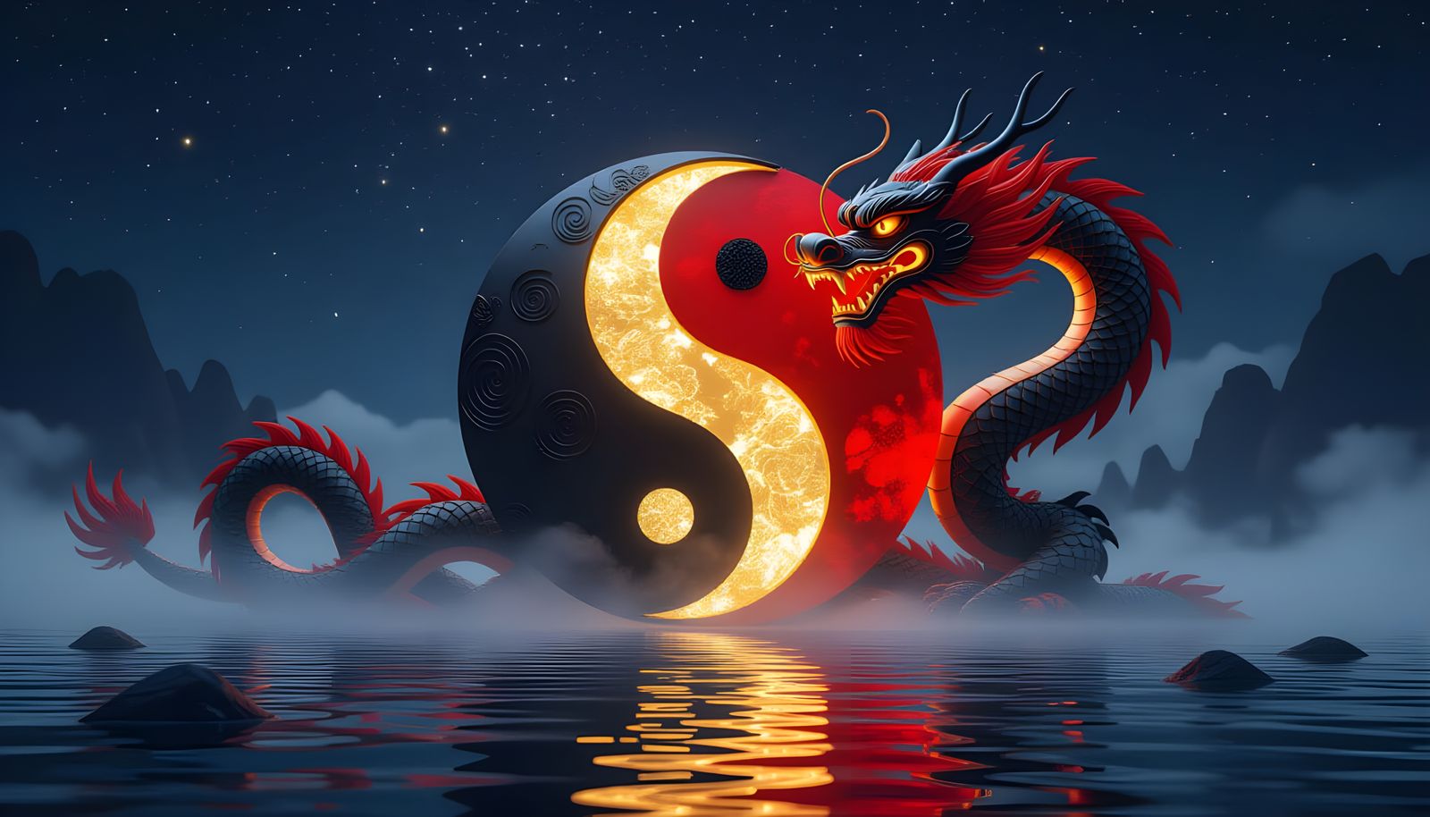Glowing Gold Yin and Yang with Dragon in Starry Night